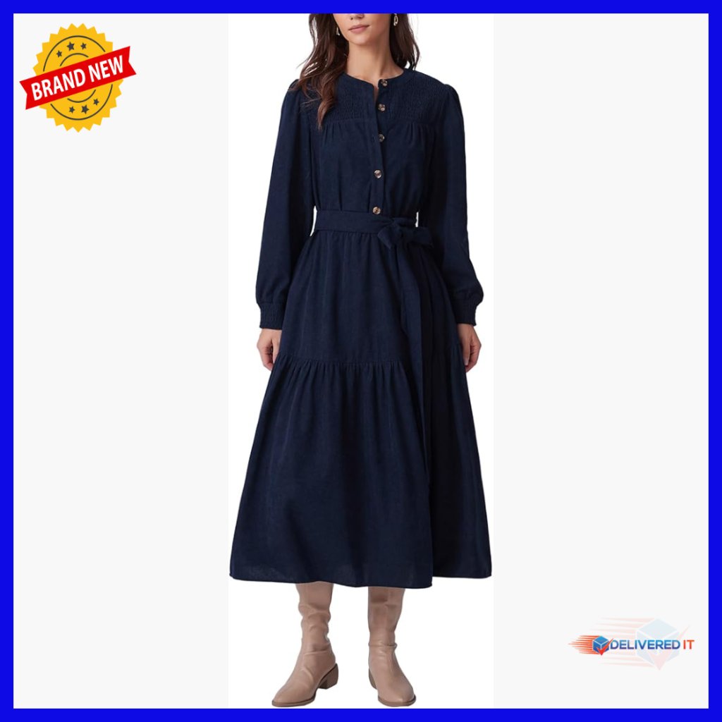 Corduroy Midi Dress Long Sleeve Button Down Belted Casual Spring
